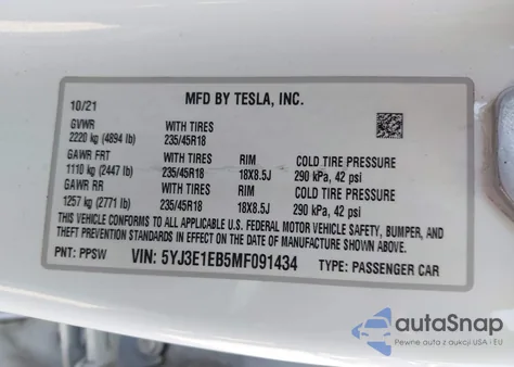 2021 Tesla Model 3 Long Range Dual Motor All-Wheel Drive z USA, uszkodzony, nr VIN 5YJ3E1EB5MF091434